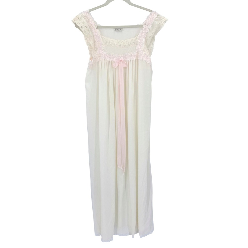 Christian Dior Vintage Nightgown Cream Pink Lace Eyelet Flutter Sleeve Maxi